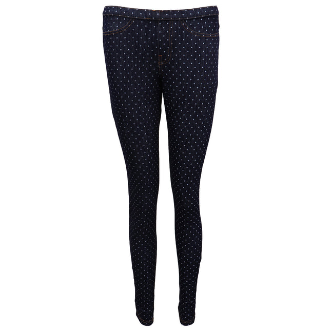 Women's Cotton Leggings Stretchy Jeans Denim Pants Skinny Slim Jeggings Trousers - Navy w White Dots