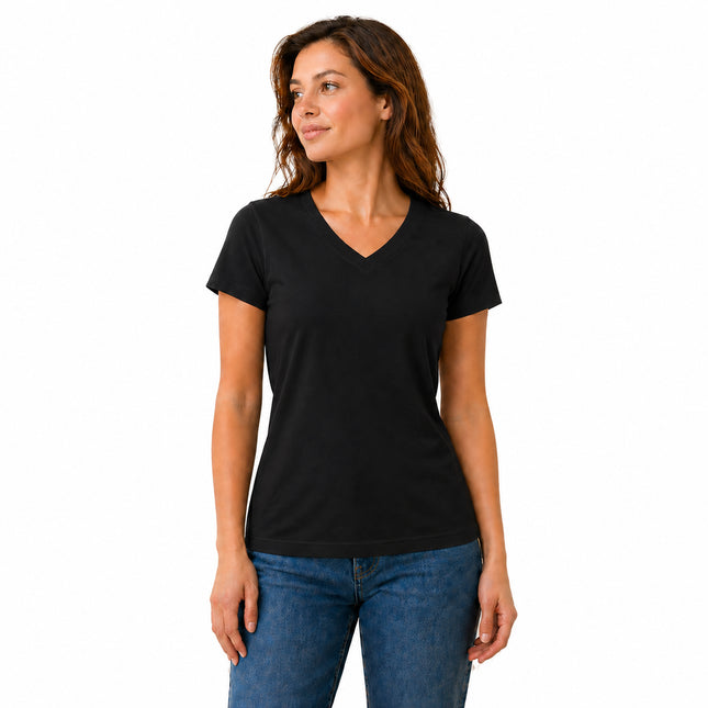 Black women's V neck cotton stretch T-shirt