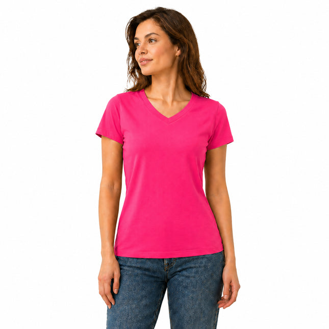 Pink women's V neck cotton stretch T-shirt