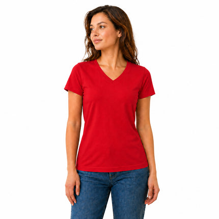 Red women's V neck cotton stretch T-shirt