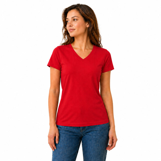 Red women's V neck cotton stretch T-shirt