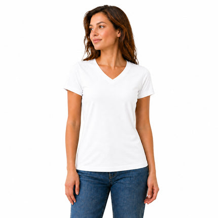 White women's V neck cotton stretch T-shirt